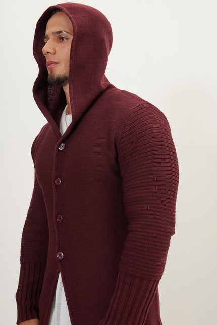 Men's Long Ribbed Cardigan - Burgundy | Ron Tomson