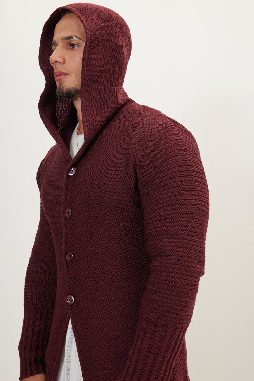 Men's Long Ribbed Cardigan - Burgundy | Ron Tomson