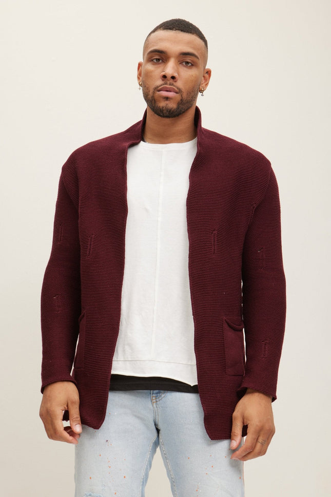 Men's Long Ribbed Cardigan - Bordeaux | Ron Tomson