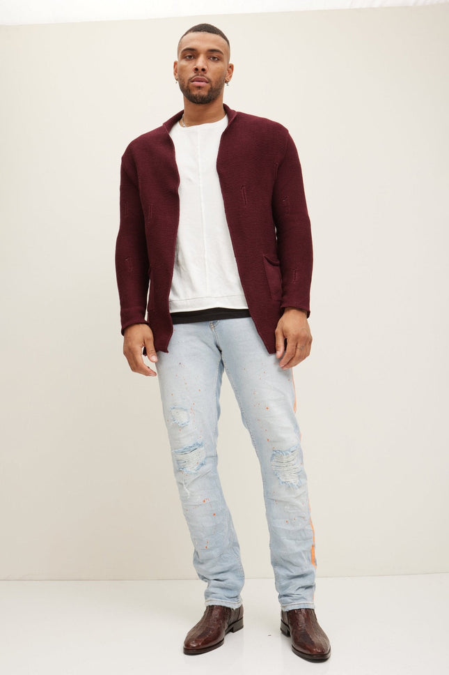 Men's Long Ribbed Cardigan - Bordeaux | Ron Tomson