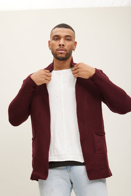 Men's Long Ribbed Cardigan - Bordeaux | Ron Tomson