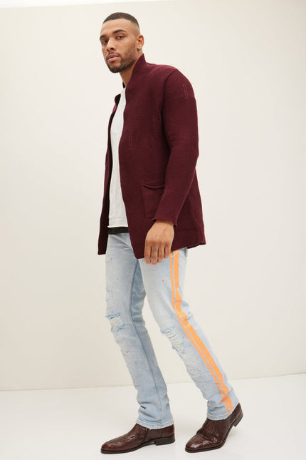 Men's Long Ribbed Cardigan - Bordeaux | Ron Tomson