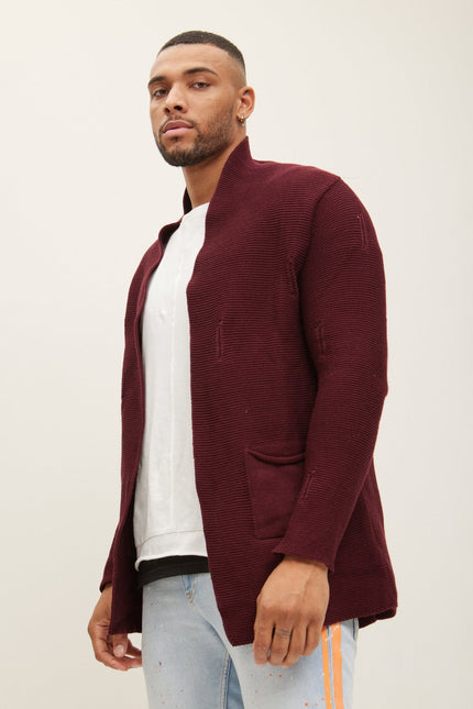 Men's Long Ribbed Cardigan - Bordeaux | Ron Tomson