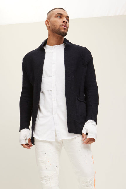 Men's Long Ribbed Cardigan - Navy | Ron Tomson
