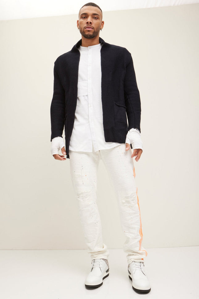 Men's Long Ribbed Cardigan - Navy | Ron Tomson