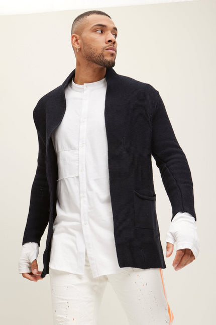 Men's Long Ribbed Cardigan - Navy | Ron Tomson