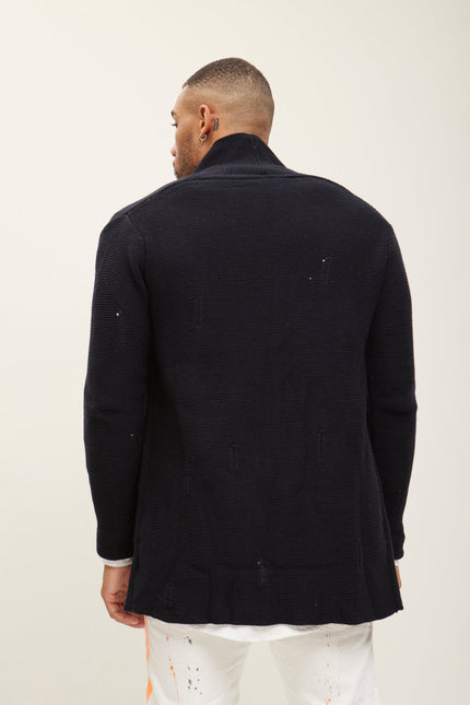 Men's Long Ribbed Cardigan - Navy | Ron Tomson