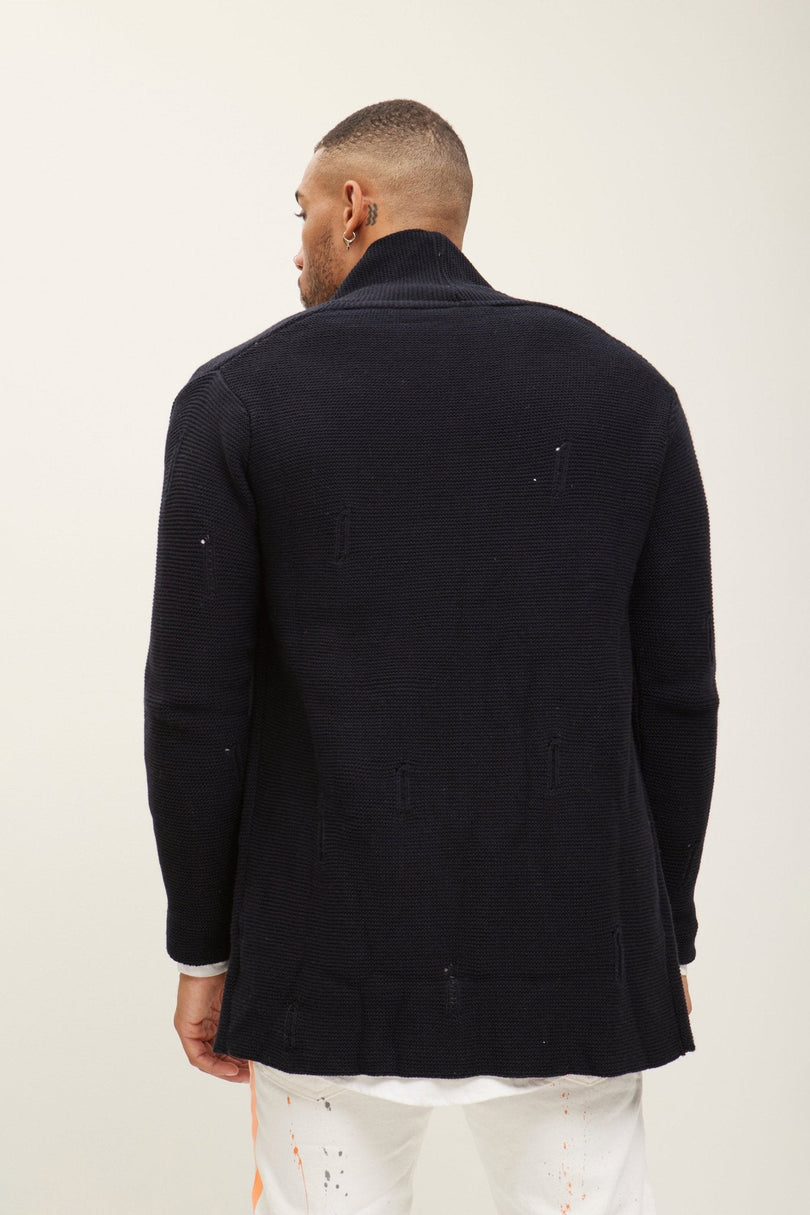 Men's Long Ribbed Cardigan - Navy | Ron Tomson
