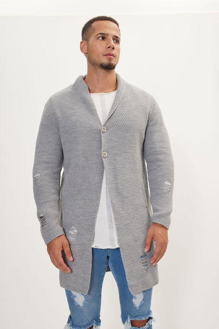 Men's Long Shawl Collar Cardigan - Grey | Ron Tomson