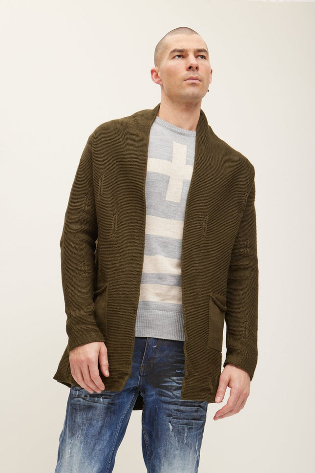 Men's Shawl-Collar Knit Cardigan - Khaki | Ron Tomson