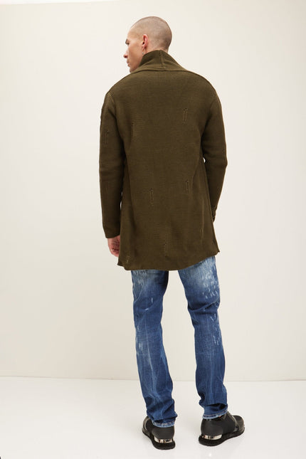 Men's Shawl-Collar Knit Cardigan - Khaki | Ron Tomson