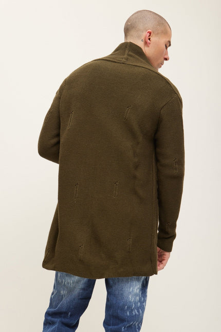 Men's Shawl-Collar Knit Cardigan - Khaki | Ron Tomson