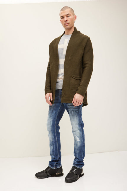 Men's Shawl-Collar Knit Cardigan - Khaki | Ron Tomson