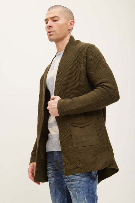 Men's Shawl-Collar Knit Cardigan - Khaki | Ron Tomson