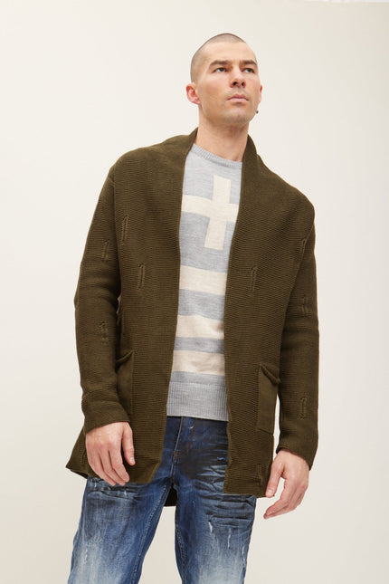 Men's Shawl-Collar Knit Cardigan - Khaki | Ron Tomson