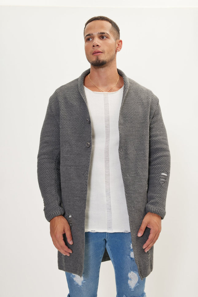 Men's Long Shawl Collar Cardigan - Anthracite | Ron Tomson