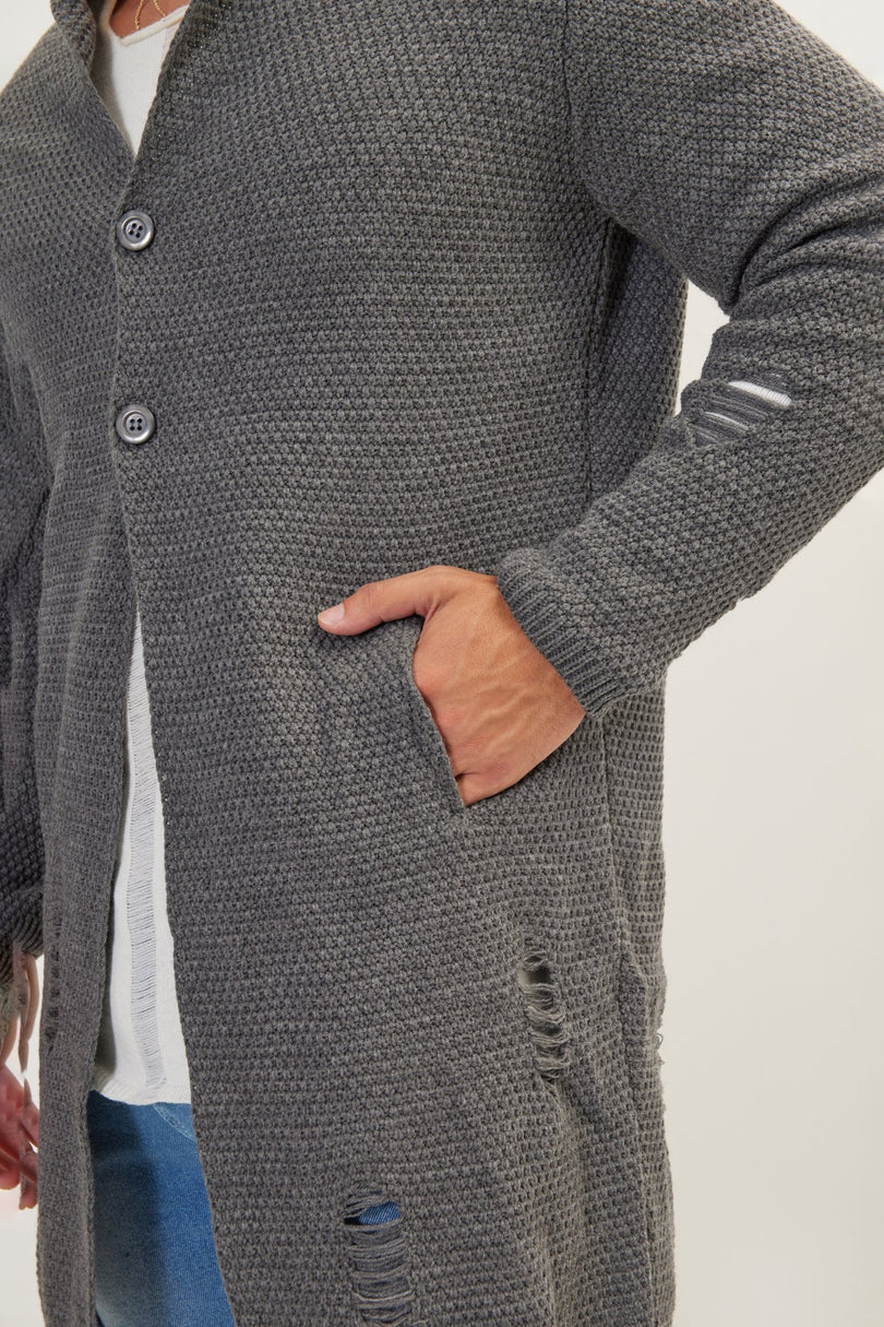 Men's Long Shawl Collar Cardigan - Anthracite | Ron Tomson