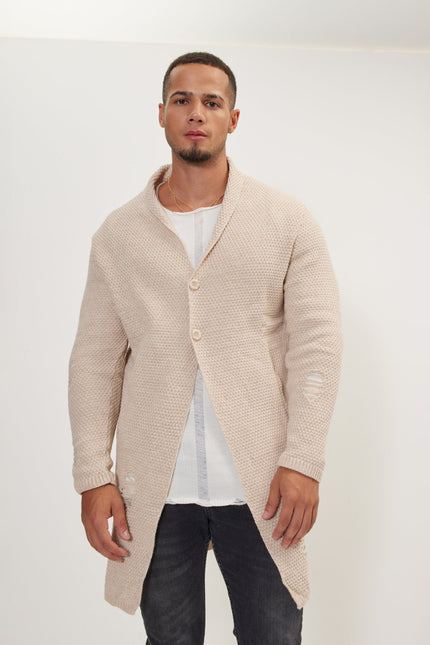 Men's Long Shawl Collar Cardigan - Stone | Ron Tomson