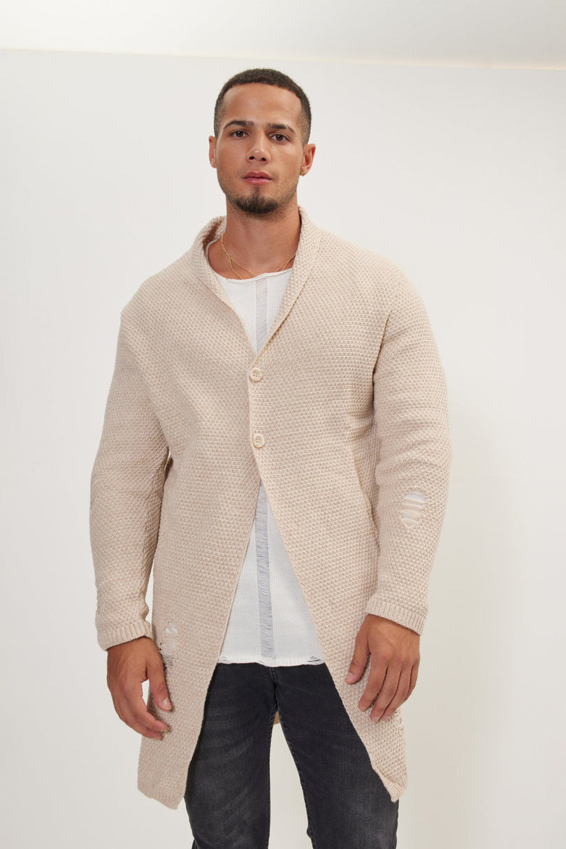 Men's Long Shawl Collar Cardigan - Stone | Ron Tomson