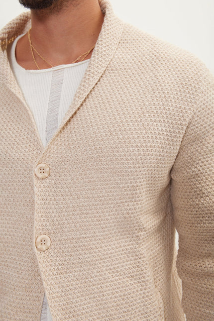 Men's Long Shawl Collar Cardigan - Stone | Ron Tomson