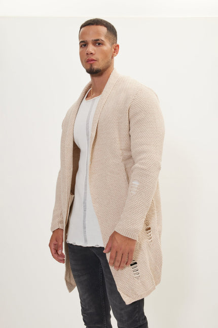 Men's Long Shawl Collar Cardigan - Stone | Ron Tomson