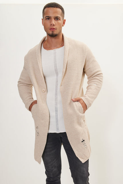 Men's Long Shawl Collar Cardigan - Stone | Ron Tomson