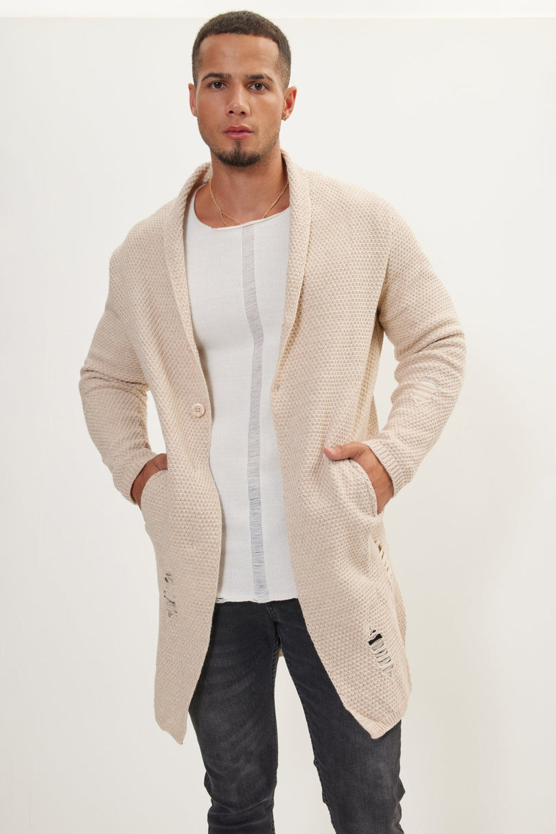 Men's Long Shawl Collar Cardigan - Stone | Ron Tomson