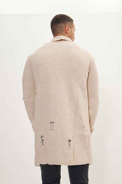 Men's Long Shawl Collar Cardigan - Stone | Ron Tomson