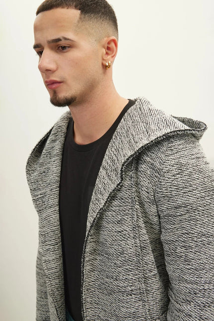 Men's Open-Front Hooded Cardigan - White Black | Ron Tomson