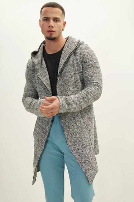 Men's Open-Front Hooded Cardigan - White Black | Ron Tomson