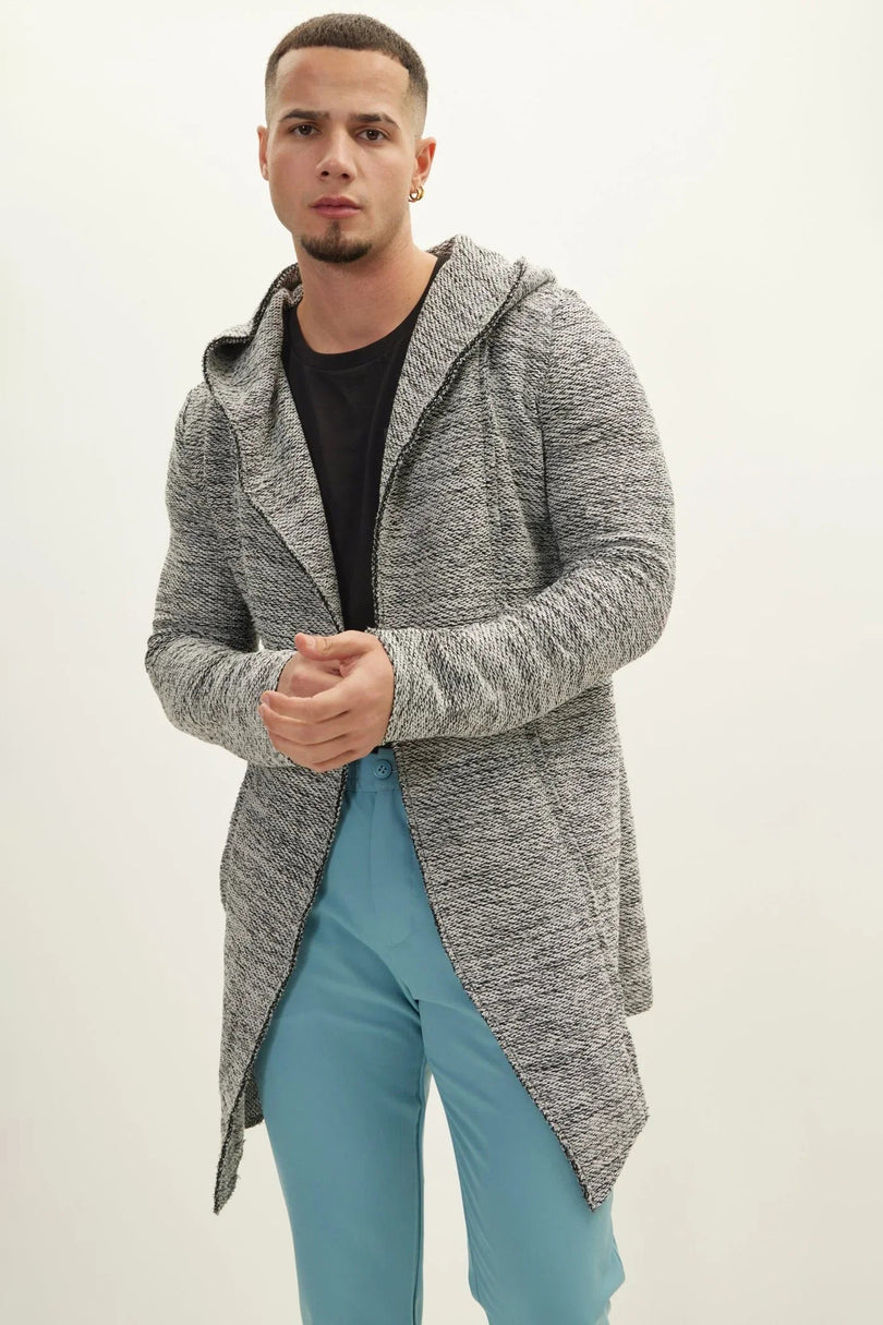 Men's Open-Front Hooded Cardigan - White Black | Ron Tomson