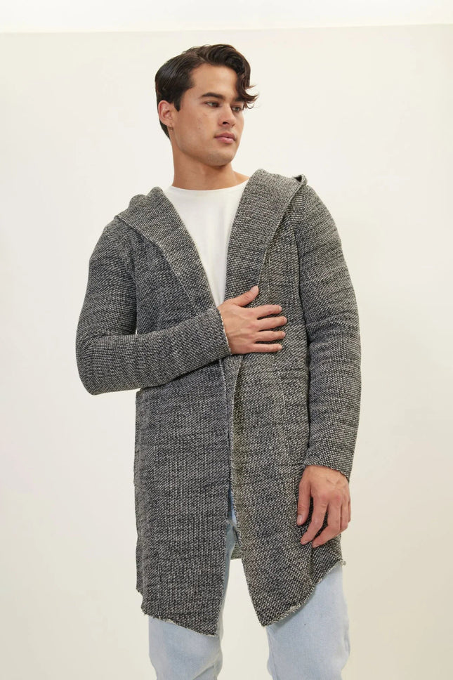 Men's Open-Front Hooded Cardigan - Black White | Ron Tomson