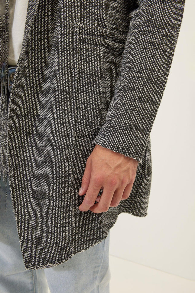 Men's Open-Front Hooded Cardigan - Black White | Ron Tomson