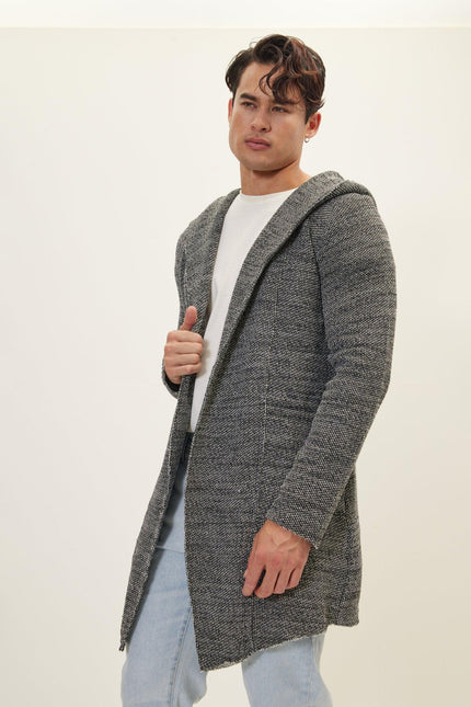 Men's Open-Front Hooded Cardigan - Black White | Ron Tomson