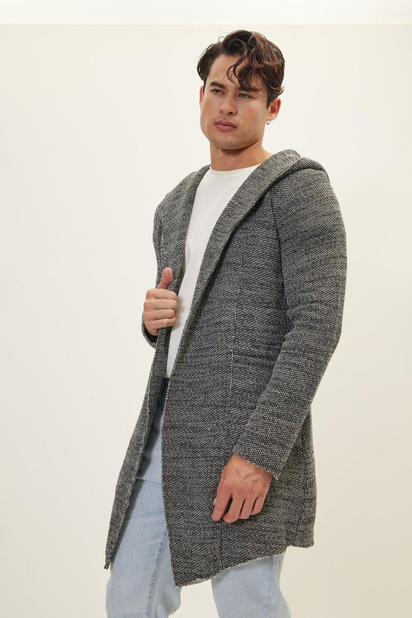 Men's Open-Front Hooded Cardigan - Black White | Ron Tomson