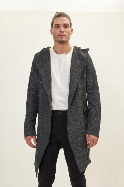 Men's Open-Front Hooded Cardigan - Anthracite Black | Ron Tomson