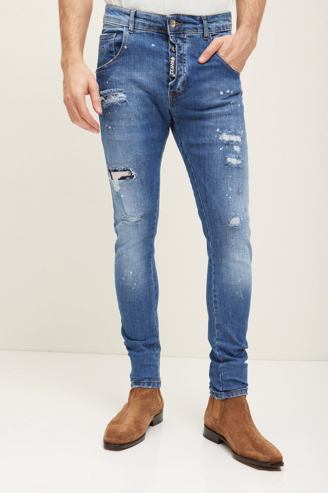 Men's Slim-Fit Distressed Denim Jeans - Dark Navy | Ron Tomson