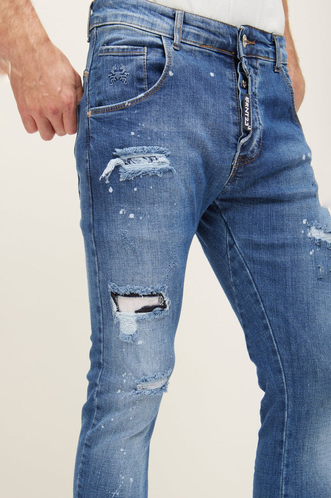 Men's Slim-Fit Distressed Denim Jeans - Dark Navy | Ron Tomson