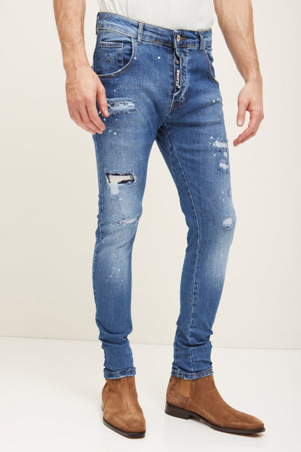 Men's Slim-Fit Distressed Denim Jeans - Dark Navy | Ron Tomson