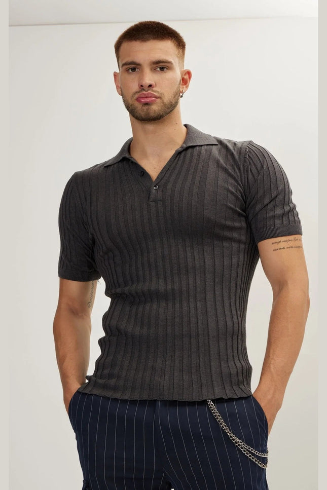Ribbed Short-Sleeve Polo Shirt - Anthracite