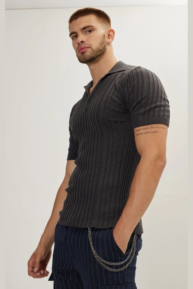 Ribbed Short-Sleeve Polo Shirt - Anthracite
