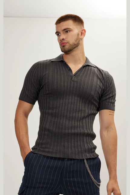 Men's Ribbed Polo Shirt - Anthracite | Ron Tomson