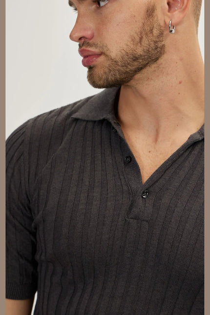Men's Ribbed Polo Shirt - Anthracite | Ron Tomson