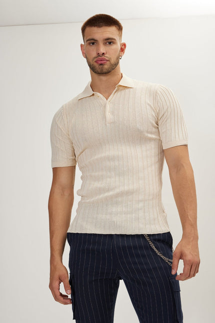 Men's Ribbed Polo Shirt - Beige | Ron Tomson