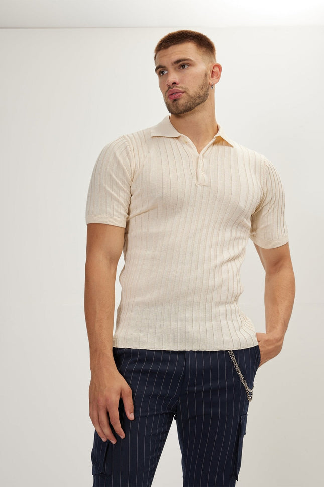 Men's Ribbed Polo Shirt - Beige | Ron Tomson