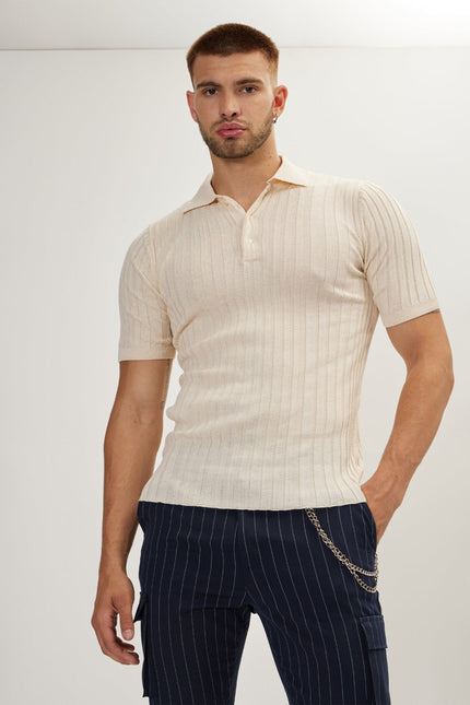 Men's Ribbed Polo Shirt - Beige | Ron Tomson