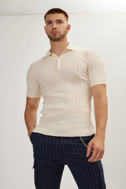 Men's Ribbed Polo Shirt - Beige | Ron Tomson