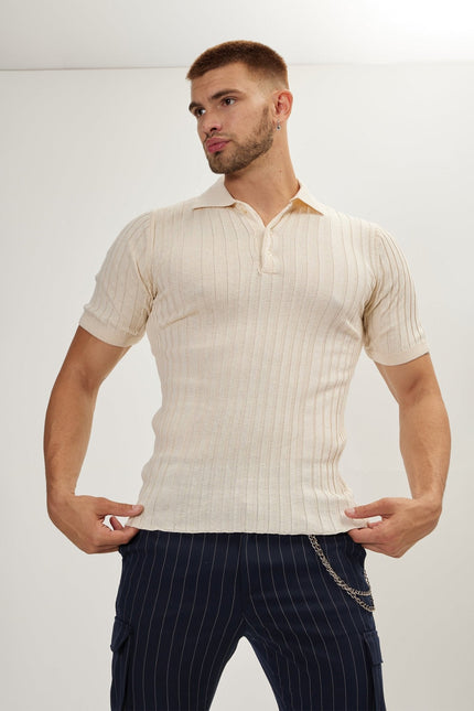 Men's Ribbed Polo Shirt - Beige | Ron Tomson