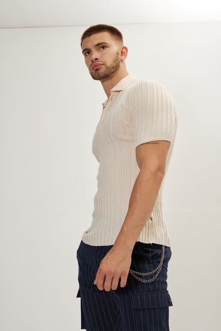 Men's Ribbed Polo Shirt - Beige | Ron Tomson