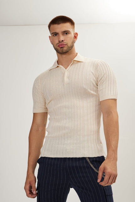 Men's Ribbed Polo Shirt - Beige | Ron Tomson